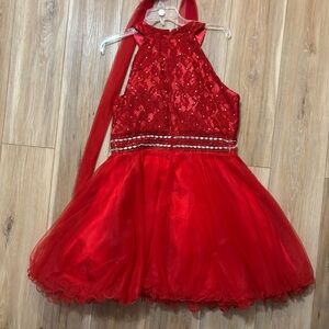 Red halter-neck dress pearl accent lace bodice Bling waistband tulle skirt XL